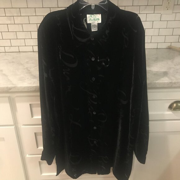 Quacker Factory Shirt Womens L Black Velvet Flocked Silk Button Front Tunic - Picture 1 of 7